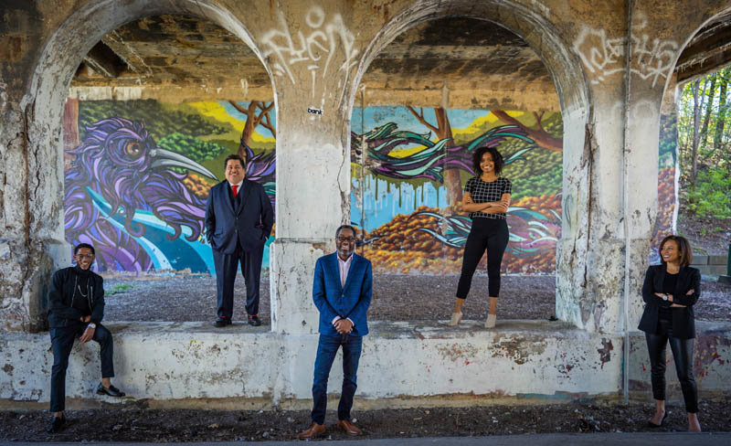 The BridgeDetroit Team (from left to right): Orlando Bailey, Louis Aguilar, Stephen Henderson, Olivia Lewis and Catherine Kelly. Not pictured Bryce Huffman.